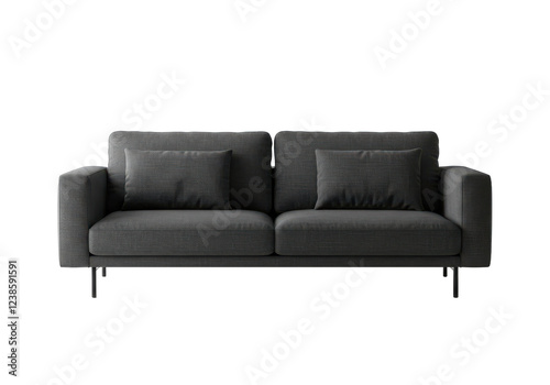 Minimalist dark gray fabric sofa with two large cushions and square armrests, isolated on white background