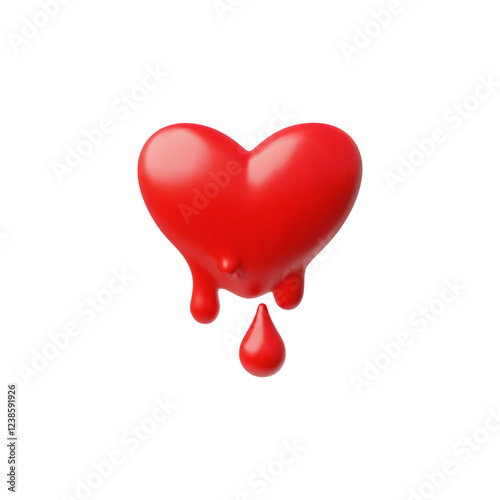 3D glossy injured red heart with dripping blood, human hurt love symbol cartoon vector icon, love pain, fail amour emoji