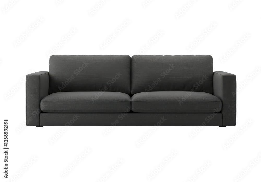 Obraz premium Minimalist dark gray fabric sofa with two large cushions and square armrests, isolated on white background