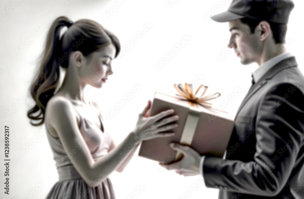 Surprise gift delivery on Valentine's Day bonding a couple with love and tenderness. Blurred picture Surprise gift delivery on Valentine's Day bonding a couple with love and tenderness. Blurred picture