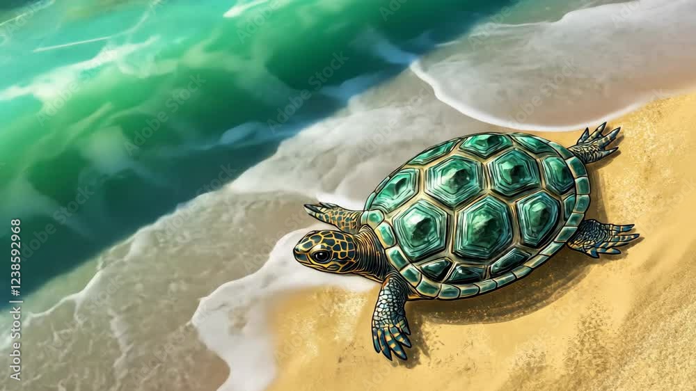 Green turtle emerging from the ocean onto a sandy beach at sunrise in a serene coastal environment