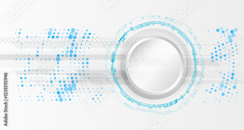 Sci-fi gray background with various technology elements. Science concept, circles with shadows and lines. Abstract hi tech communication for presentation or banner.