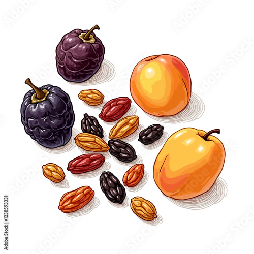 Set of dried fruits - prunes, apricots and raisins, sketch style vector illustration isolated on white background. Drawing of dries plums, dries apricots and a mix of red, golden and black raisins