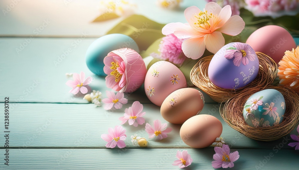 Fototapeta premium Easter eggs with flowers on table 