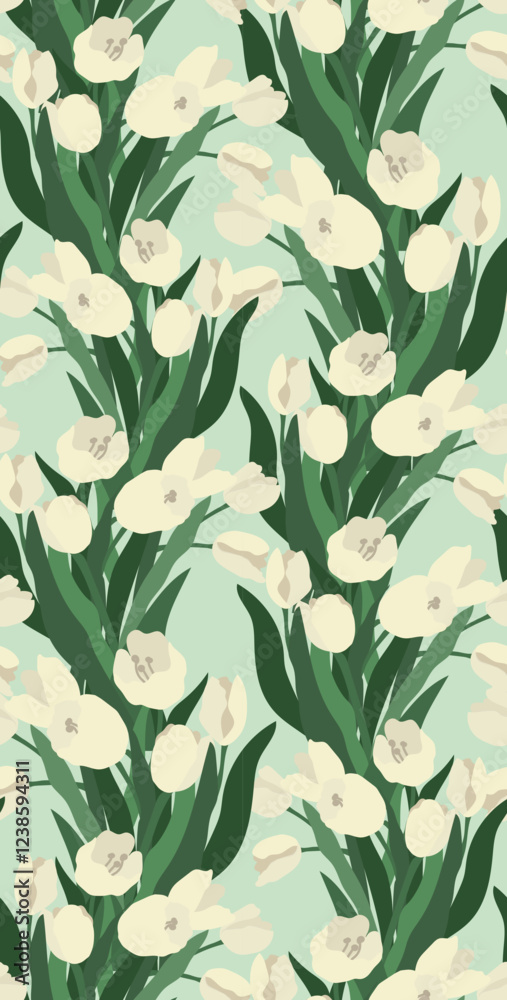 Fototapeta premium Aesthetic contemporary printable seamless pattern with white tulips on green background. Decorative tulip flowers composition design for different purposes.