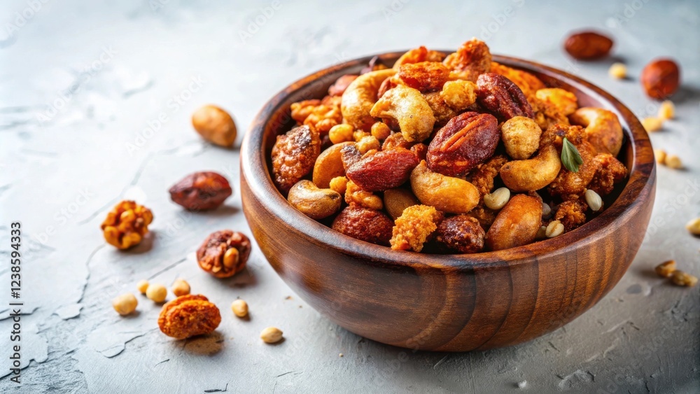 Fototapeta premium Aromatic Spiced Mixed Nuts in a Rustic Wooden Bowl