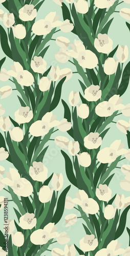 Aesthetic contemporary printable  seamless pattern with white tulips on green background. Decorative tulip flowers composition design for different purposes.