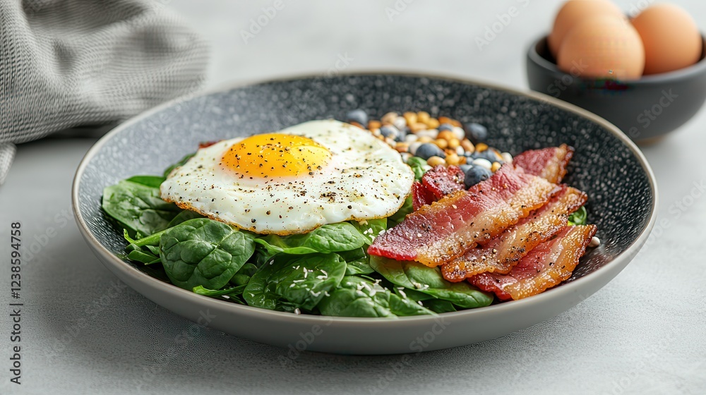 Ketogenic diets focus on ketosis and strategic meal prep. Delicious breakfast plate with eggs, bacon, and spinach. Ketogenic diets focus on ketosis and strategic meal prep. Delicious breakfast plate with eggs, bacon, and spinach.