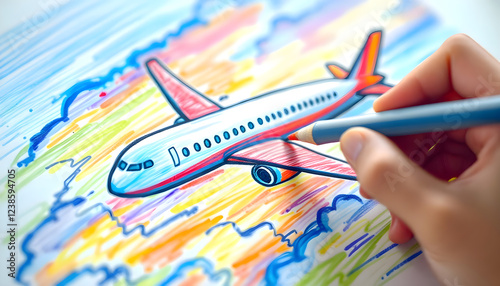 close up of kids hand drawing a plane