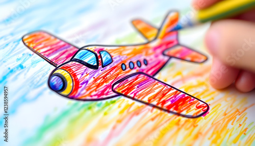 close up of kids hand drawing a plane