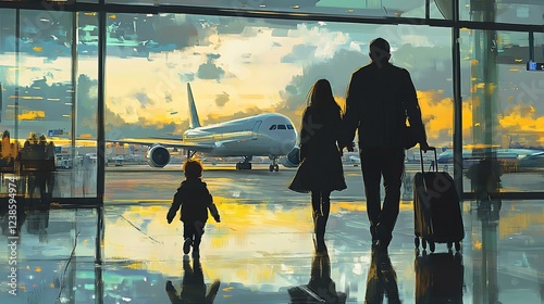 Un momento emotivo en el aeropuerto donde un niÃ±o seÃ±ala hacia los aviones mientras camina junto a sus padres, reflejando la emociÃ³n del viaje