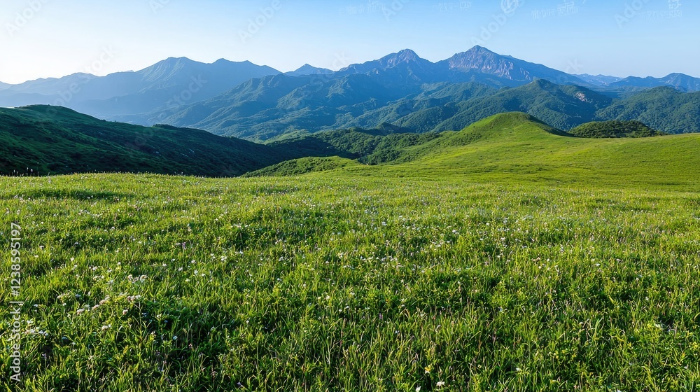 Mountain meadow sunrise, scenic vista, peaceful landscape Mountain meadow sunrise, scenic vista, peaceful landscape