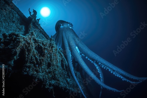 A large octopus gracefully clings to a submerged shipwreck in the deep ocean, illuminated by a distant light. photo