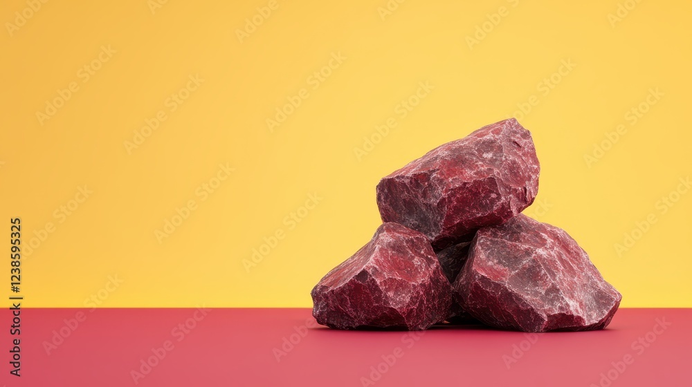 Rough garnet stone contrasting against a vibrant vanilla yellow background with a warm red surface highlighting its natural beauty Rough garnet stone contrasting against a vibrant vanilla yellow background with a warm red surface highlighting its natural beauty