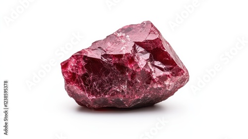 A rough garnet stone exhibits a stunning display of rich red hues, beautifully contrasting against a pristine white background that enhances its vibrant colors