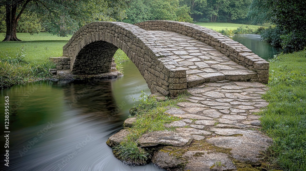 Fototapeta premium Picturesque Stone Arch Bridge over a Serene River in a Lush Green Park: A Tranquil Summer Landscape