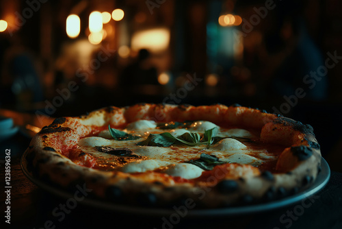 A pizza with cheese and basil on top sits on a white plate photo