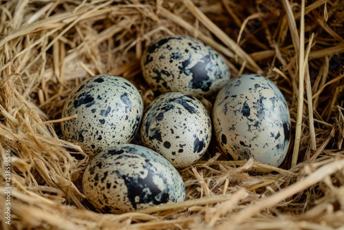 Colorful speckled eggs nestled in a straw nest during Easter celebrations