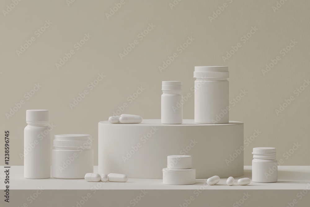 Medicine bottles and pills on minimalistic surface for health and wellness visuals Medicine bottles and pills on minimalistic surface for health and wellness visuals