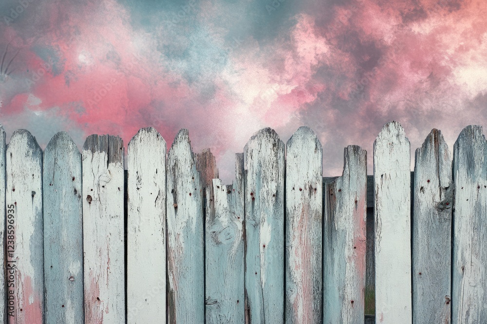 Fototapeta premium Weathered wooden fence against a dramatic, pink and grey cloudy sky.