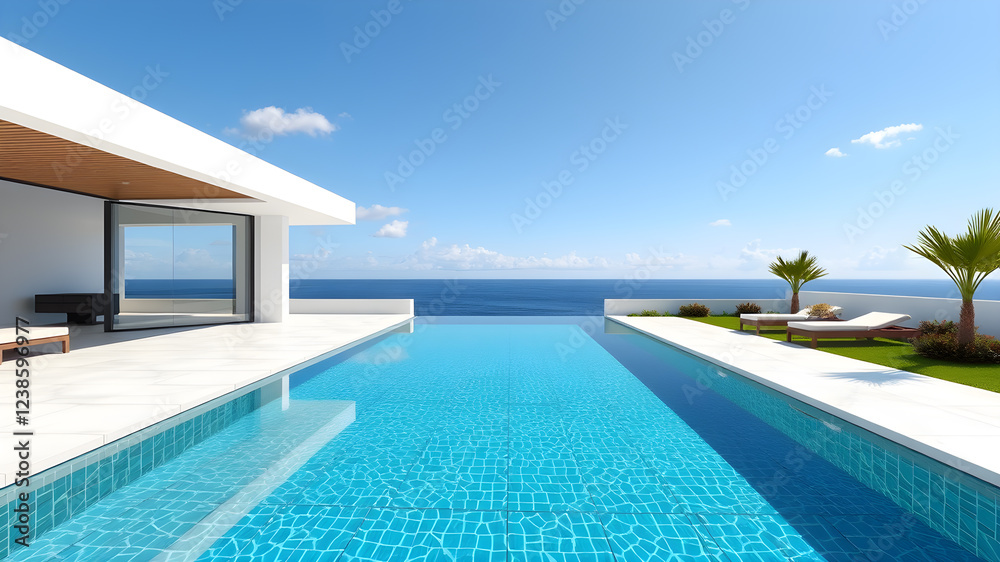 Fototapeta premium Luxury sea view swimming pool in modern white beach house - 3d rendering. Generative AI