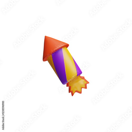Firework rocket petard with burning wick 3D cartoon plastic vector icon, firecracker launch, festive pyrotechnic tool