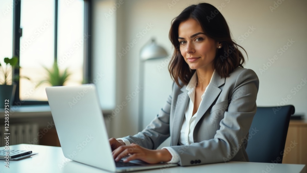 A professional woman in a gray suit working on a laptop in a modern office with natural light and minimalist decor A professional woman in a gray suit working on a laptop in a modern office with natural light and minimalist decor
