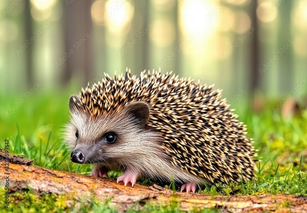 Fototapeta premium Cute Hedgehog on a Tree Log Surrounded by Green Grass in Nature