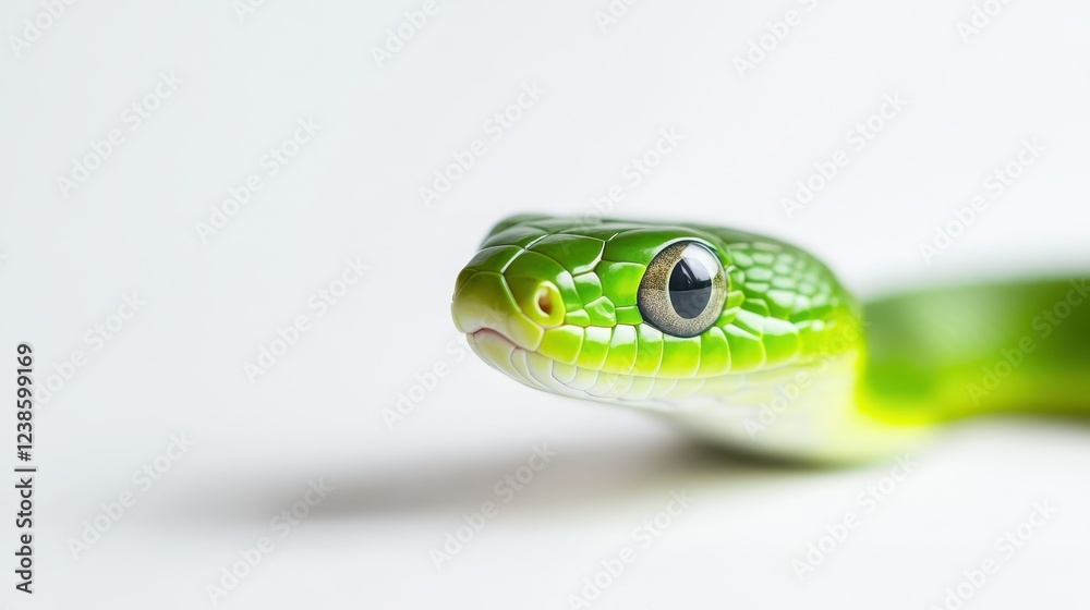 Fototapeta premium An elegant lunar snake glides effortlessly against a pristine white background, highlighting its vibrant green scales and stunning, striking features in a captivating display
