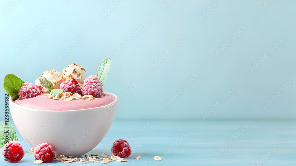 Frozen raspberries with oats and mint garnish on creamy smoothie, offering colorful, refreshing presentation perfect for healthy lifestyle visuals. Selective focus Frozen raspberries with oats and mint garnish on creamy smoothie, offering colorful, refreshing presentation perfect for healthy lifestyle visuals. Selective focus