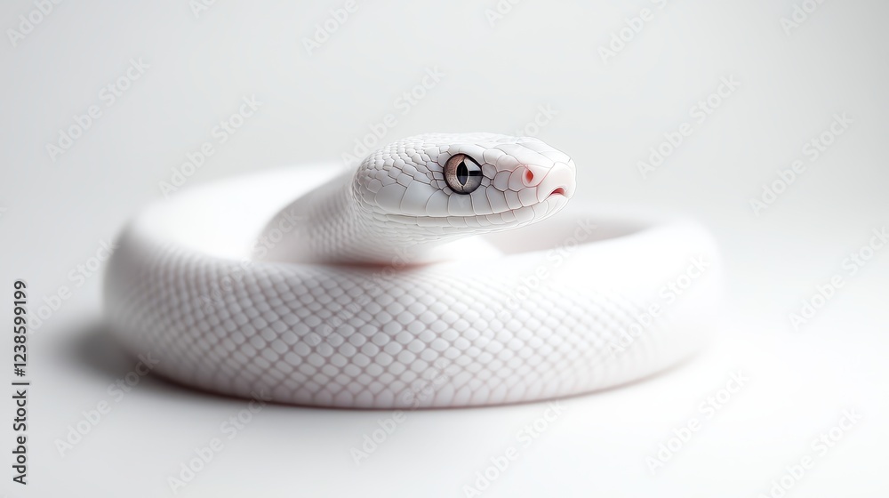 Fototapeta premium Lunar snake showcases elegant features against a soft white background, highlighting its mesmerizing scales and captivating presence