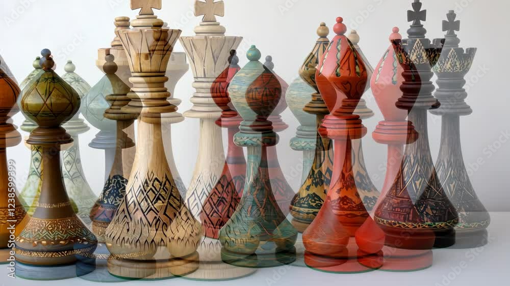 Uniquely crafted chess pieces displayed in a creative arrangement showcasing artistry and craftsmanship