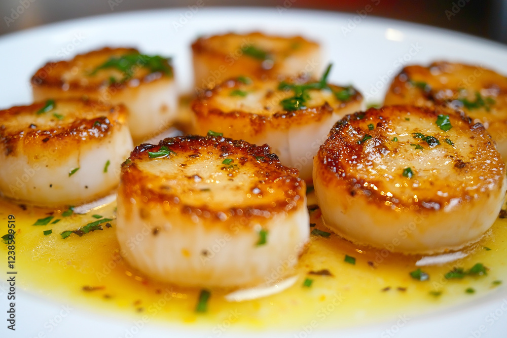 A plate of scallops with a yellow sauce A plate of scallops with a yellow sauce