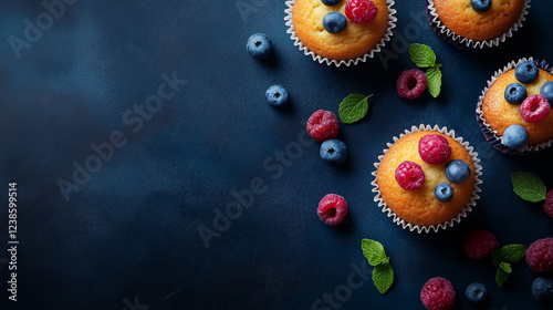 delicious decorated muffin cake isolated  on navy blue background