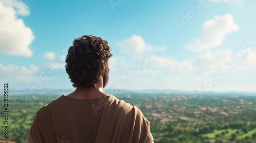 Young biblical Daniel gazes at the vast landscape from an upper floor, contemplating his journey and the visions bestowed upon him in a sunlit moment of tranquility