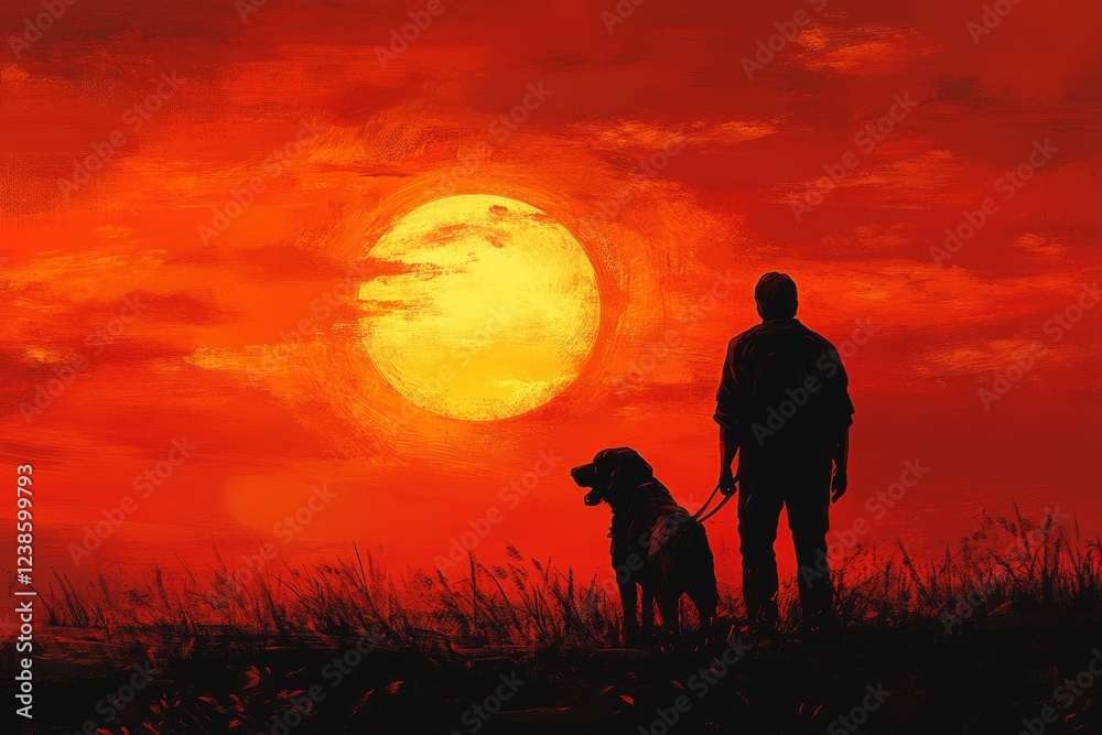 Fototapeta premium Silhouetted Man And Dog Stand In Tall Grass At Sunset, Gazing At A Large, Fiery Sun.