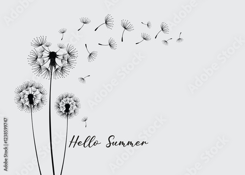 Hello summer. Vector illustration dandelion seed blowing in the wind.