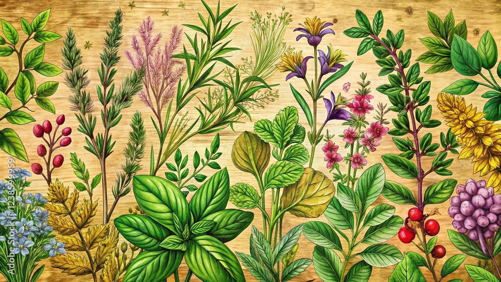 Fototapeta premium Culinary Herbs Banner Template with Vintage Botanical Illustrations