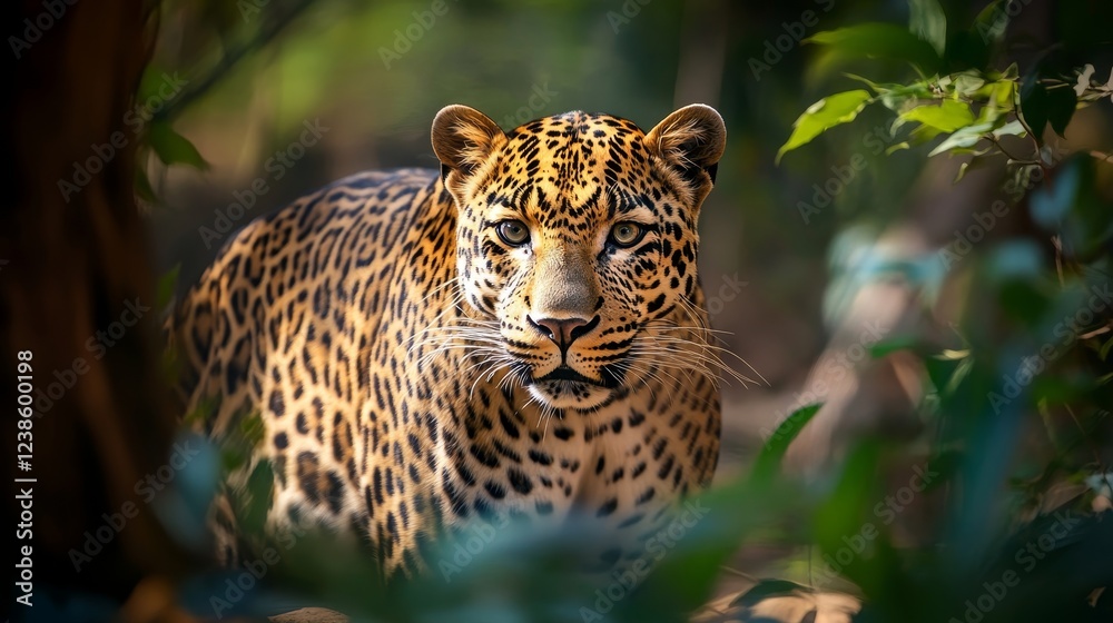 Naklejka premium A stunning portrait of a majestic leopard in the wild for nature lovers and wildlife enthusiasts