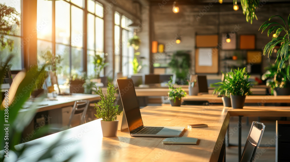 Fototapeta premium Modern open-plan office with wooden desks, laptops, and green plants, creating a productive and eco-friendly workspace filled with natural light