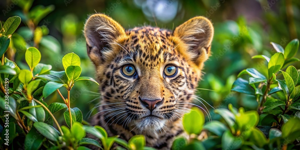 Fototapeta premium Curious Leopard Cub Hidden in Lush Green Bushes - Wildlife Stock Photo