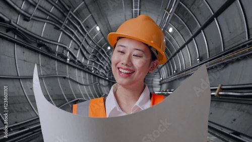 Close Up Of Asian Female Engineer With Safety Helmet Looking At Blueprint In Her Hands In Underground Subway Tunnel photo