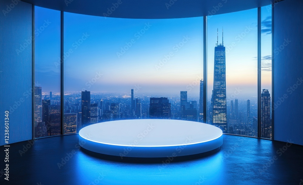 Naklejka premium Illuminated circular platform in modern high-rise office with cityscape view.
