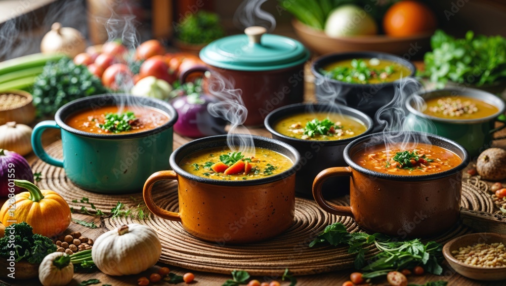 Variety of steaming soups in colorful bowls arranged on a rustic table Variety of steaming soups in colorful bowls arranged on a rustic table