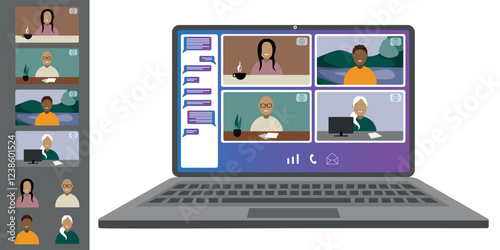Video call conference, working from home. Colleagues of different nationalities and ages talk to each other on the laptop screen. Isolated illustration on white background in flat style trendy colors