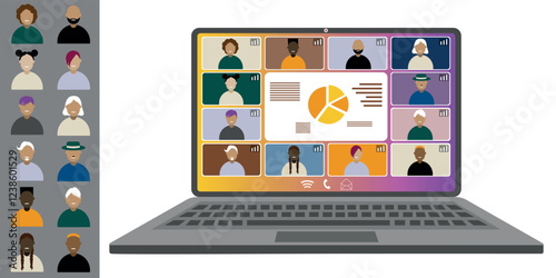 Video call conference, working from home. Colleagues of different nationalities and ages talk to each other on the laptop screen. Isolated illustration on white background in flat style trendy colors