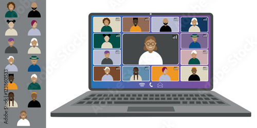 Video call conference, working from home. Colleagues of different nationalities and ages talk to each other on the laptop screen. Isolated illustration on white background in flat style trendy colors