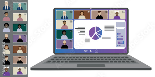 Video call conference, working from home. Colleagues of different nationalities and ages talk to each other on the laptop screen. Isolated illustration on white background in flat style trendy colors