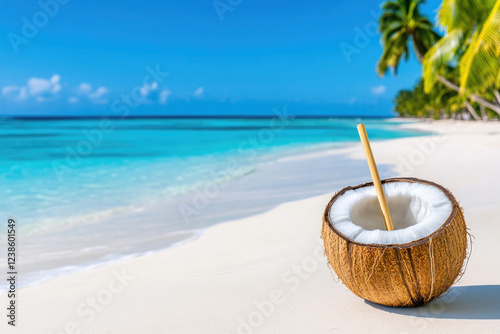 Wallpaper Mural Coconut with a straw resting on golden sand near turquoise water. Torontodigital.ca