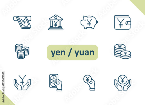 Yen, Yuan icons. Currency, Chinese, Japanese, money, cash, payment, savings, investment, wealth vector icon set